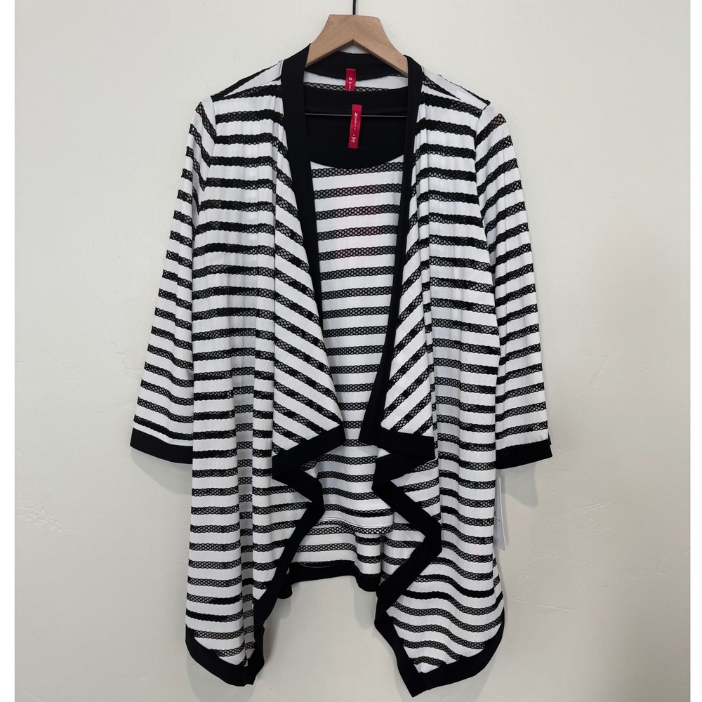 NWT IC by Connie K Set Black White Striped Mesh Cardigan and Tank Top Artsy L